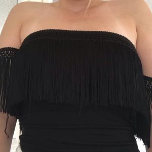 Forever 21 black fringe off the shoulder bodysuit